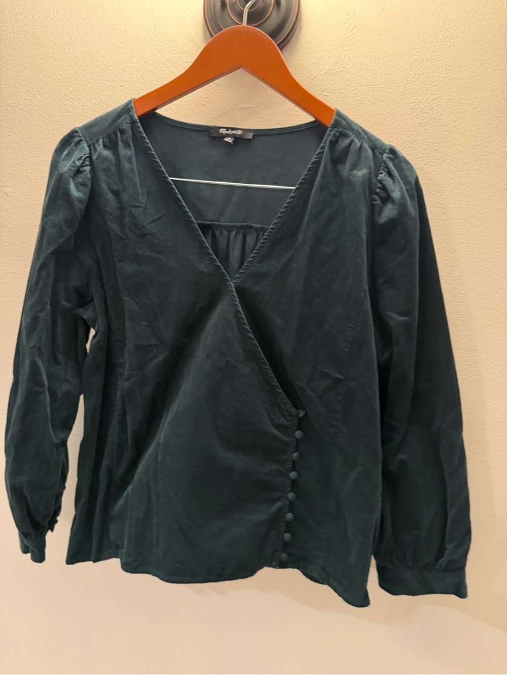 Madewell Corduroy Faux Wrap Button Front Top Forest Green Long Sleeve Blouse M